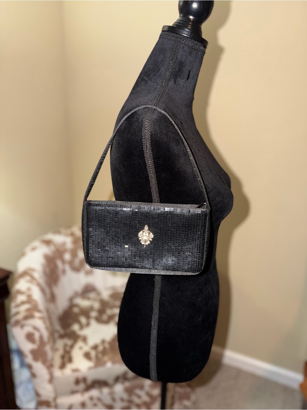 Black Sequin Evening Shoulder Bag with Silver Emblem